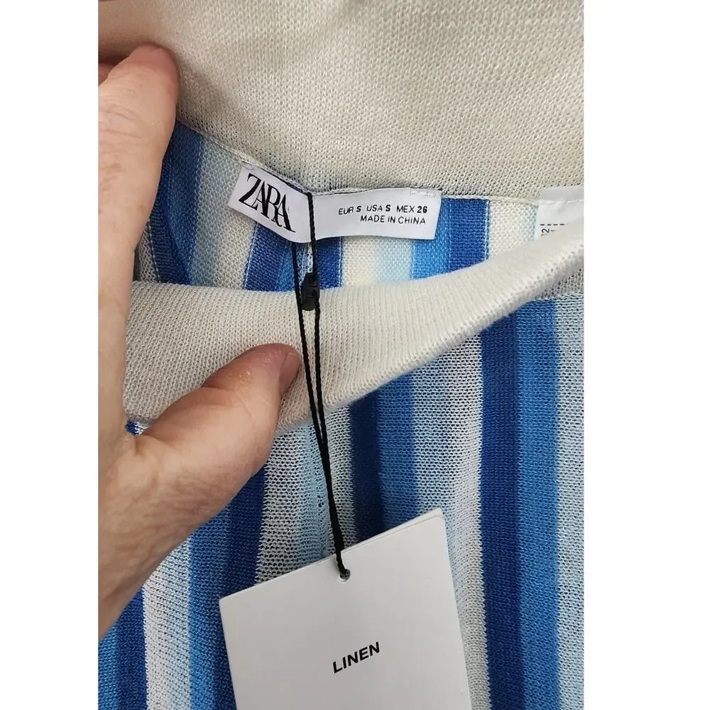 New NWT Zara Linen Wide Leg Blue White Stripe Pants‎ Size Small